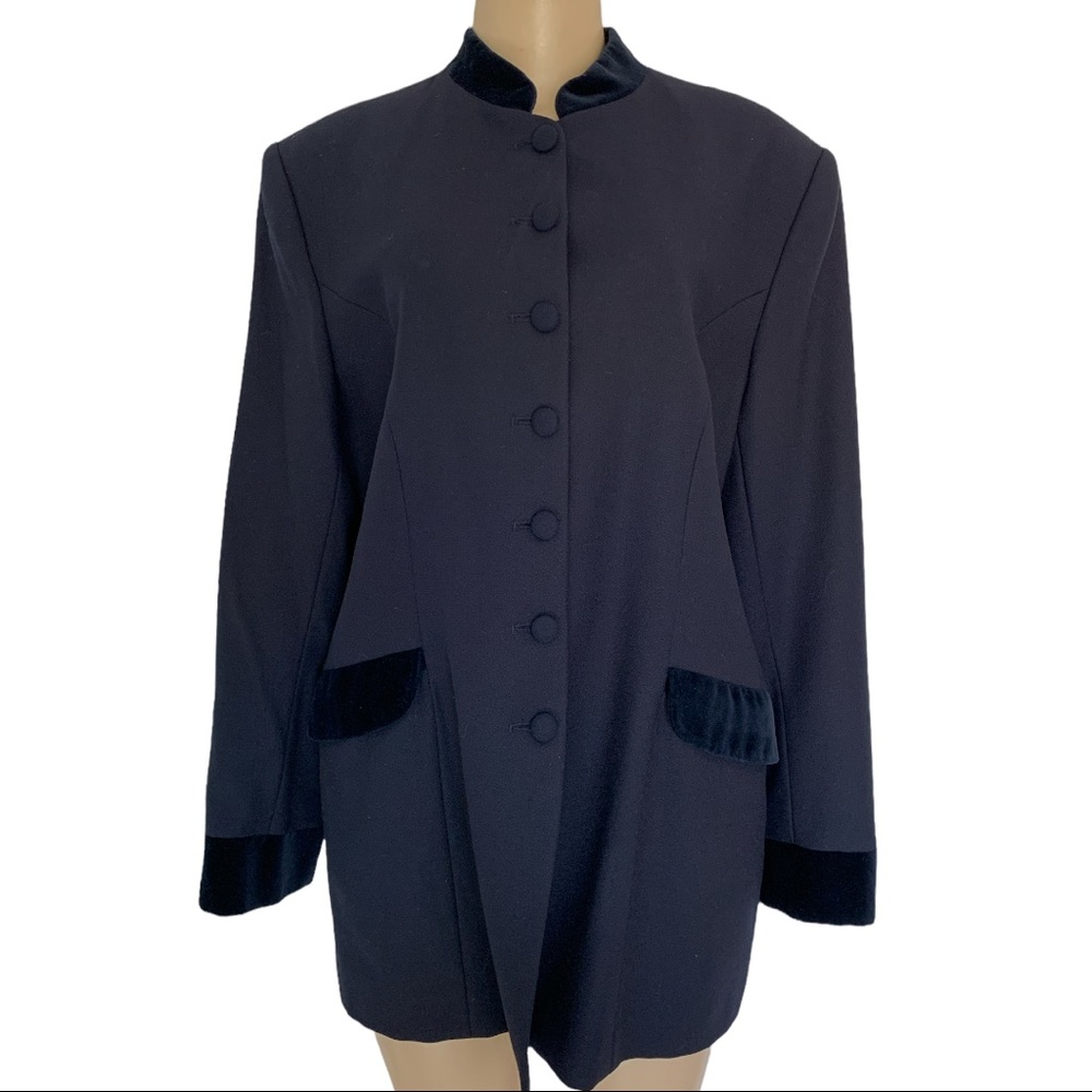 VTG 90s Velvet Military Retro Navy Blue Oversized Long Blazer Suit Jacket